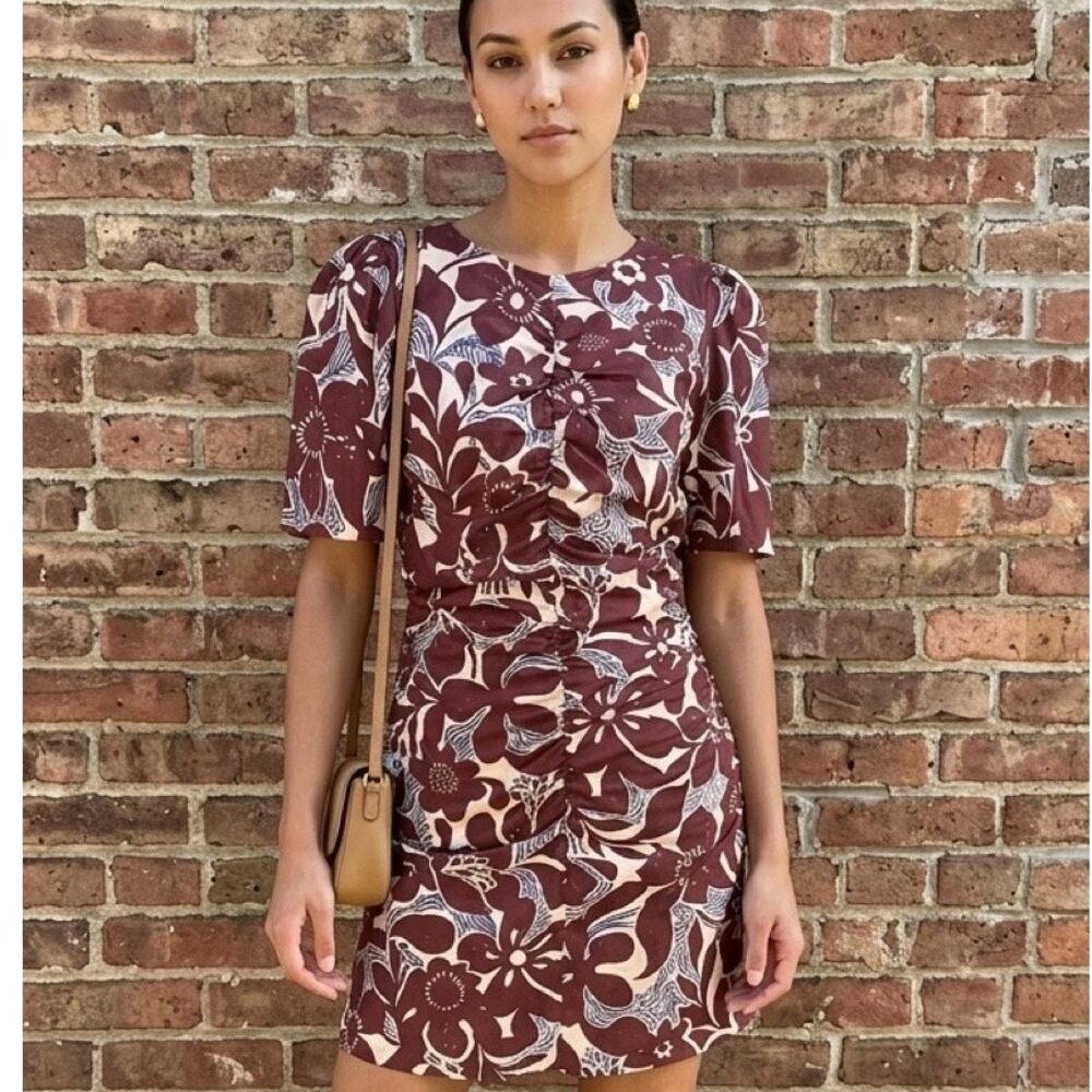 Velvet Floral Sheath Dress Brown Cream Lined Short Sleeve Mini Small